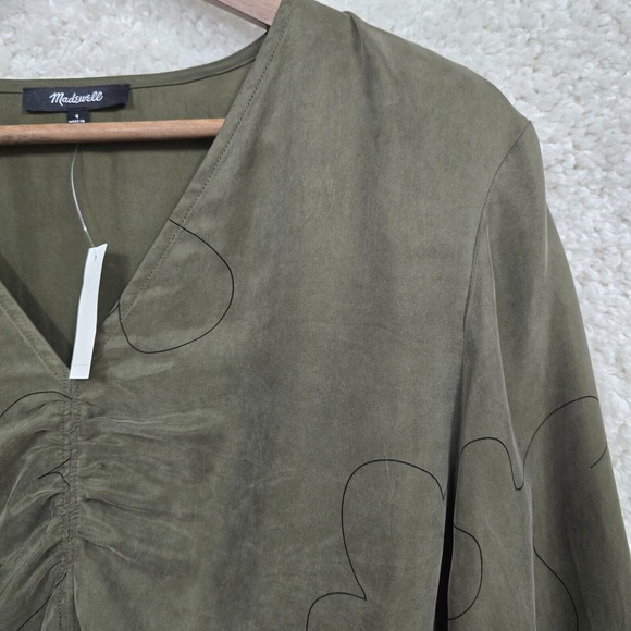 Madewell Brushed Ruched Front Top Womens 4 Green Long Sleeve Cupro V-Neck Earthy - Picture 3 of 12